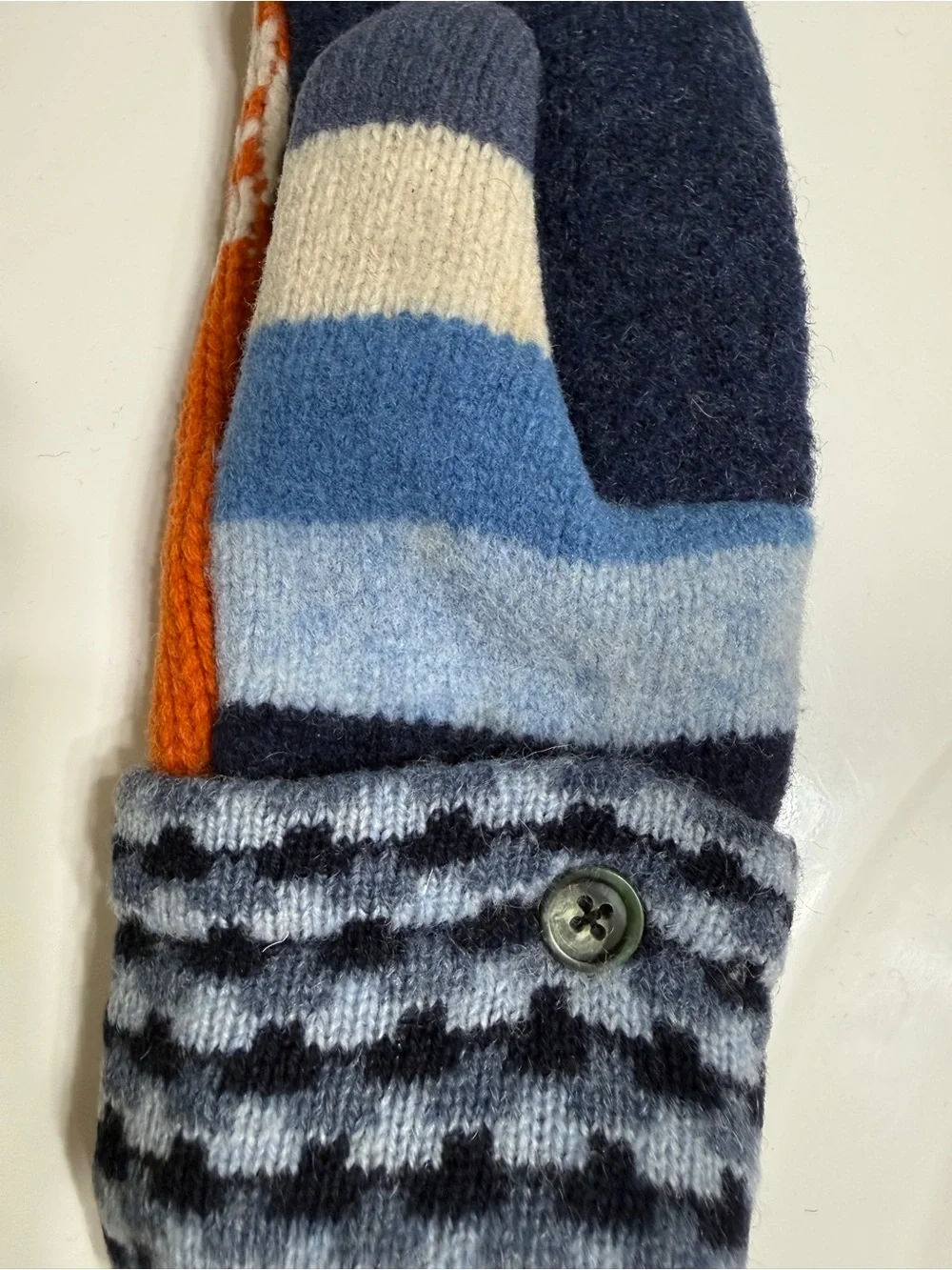 Upcycled Fleece Lined Sweater Mittens M Blue Orange